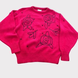 Vintage red sweater with roses and beads